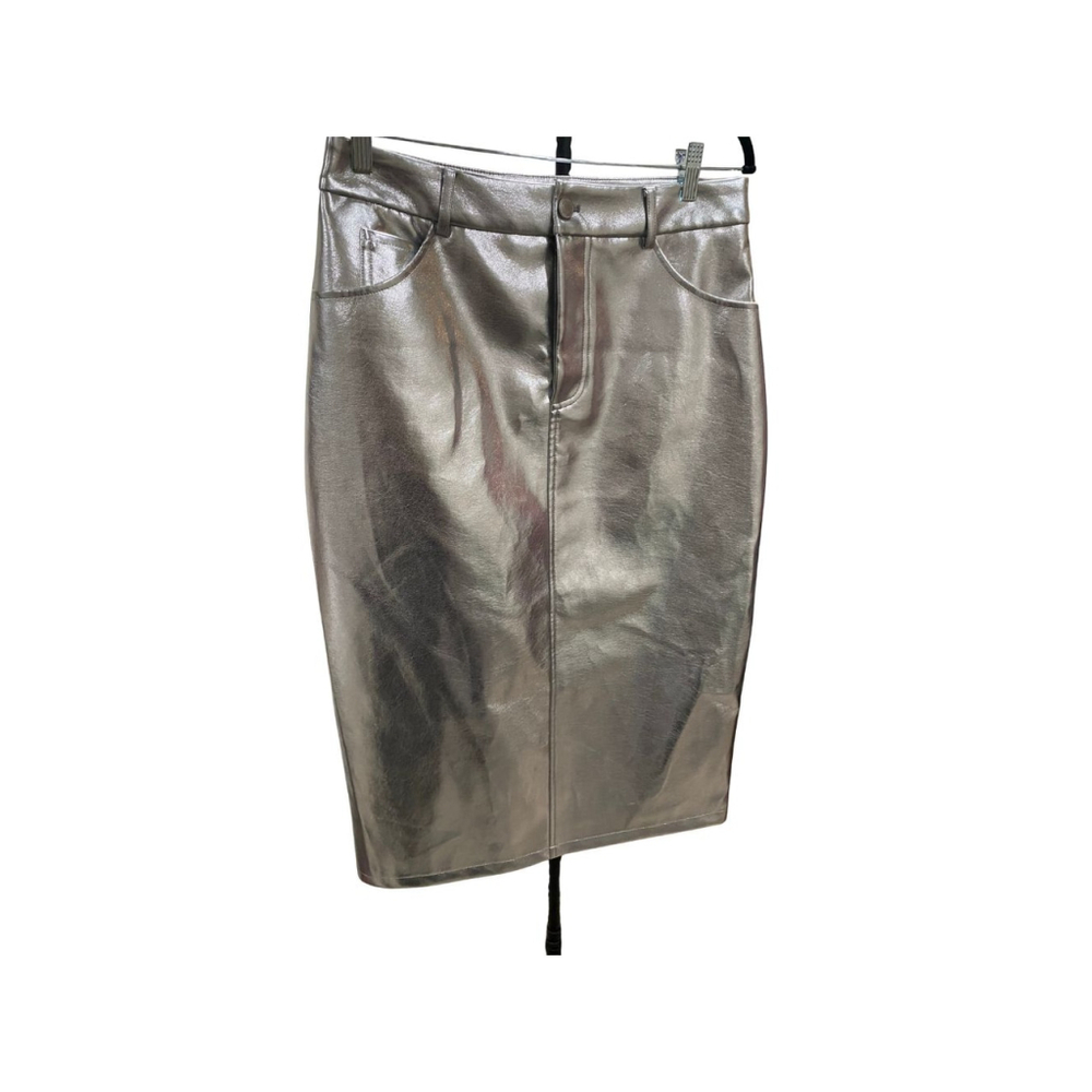 Avec Les Filles Metallic Silver Pencil Skirt